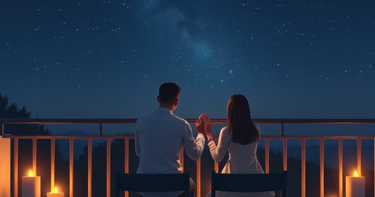 A couple shares an intimate moment in prayer on a balcony under a starry sky, illustrating evening prayer practices for couples. Prayer for Relationship