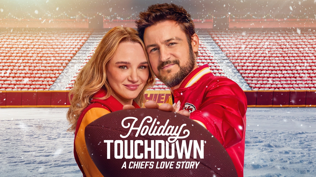 A couple sharing a joyful moment at a Kansas City Chiefs football game, surrounded by holiday decorations and a snowy field, symbolizing the fusion of love and sports. - Holiday Touchdown A Chiefs Love Story
