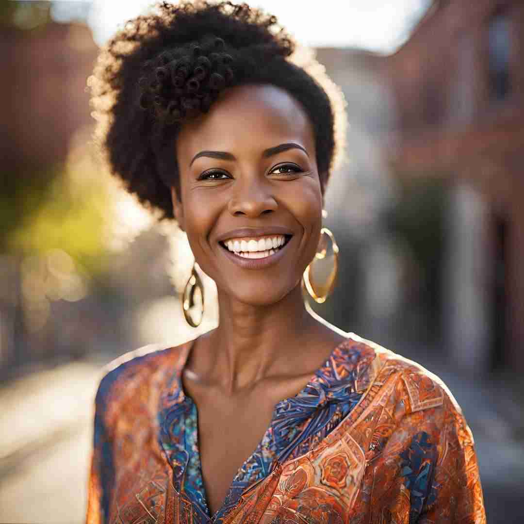 A confident Black woman smiling while reading a blog on her laptop, symbolizing personal growth and inspiration.